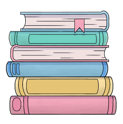 A colorful, pastel stack of books meant to convey the volume of info included in the Author Essentials Plans