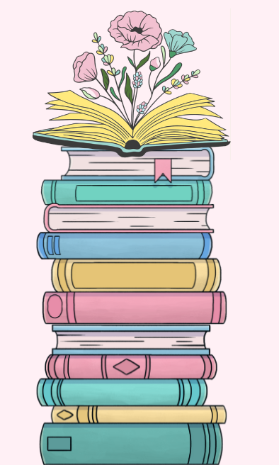 Graphic design services: A stack of pastel-colored books with an open book on top with flowers growing out of it