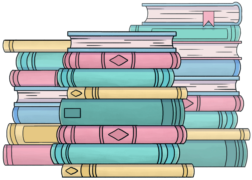 Three colorful stacks of books clustered together to indicate the large amount of assets included in the Author Essentials Premium plan
