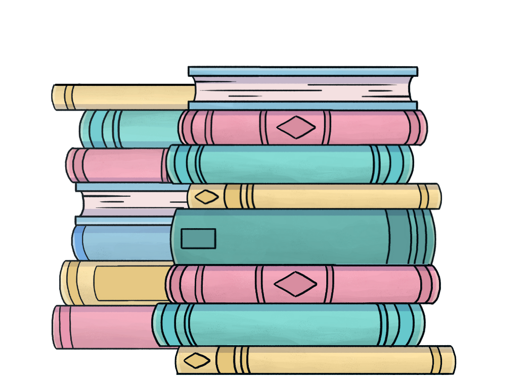 Two colorful stacks of books clustered together to indicate the amount of assets included in the Author Essentials Complete plan