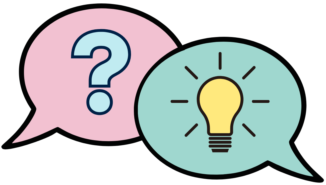 Frequently Asked Questions: An image of a pink text bubble with a blue question mark alongside a green text bubble with a yellow lightbulb.