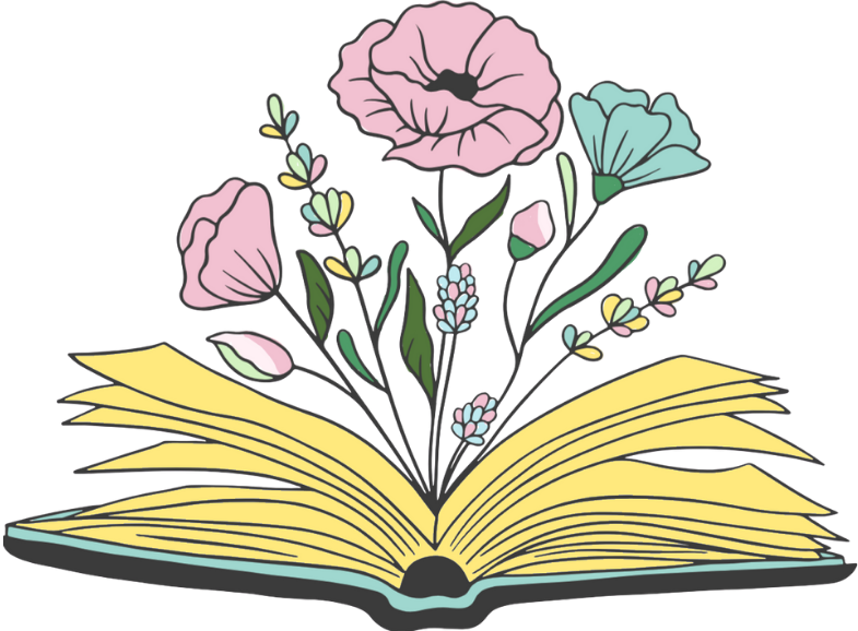 Graphic design services: An open book with a full bouquet of pastel-colored flowers blooming from the pages, to symbolize the amount of info and support included in Indie Author Book Design Packages
