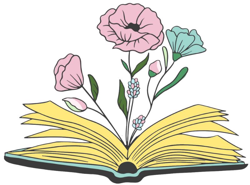 Indie Author Book Design Packages: An open book with a medium-sized bouquet of pastel-colored flowers blooming from the pages, to symbolize the amount of info included in the "Cover-to-Cover" level of Indie Author Book Design Packages