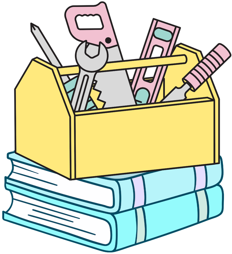 Design Your Own Way: A yellow toolbox filled with pastel-colored tools sits atop two turquoise blue books, to symbolize the DIY aspect of book promotion when using Canva templates that you modify yourself. 
