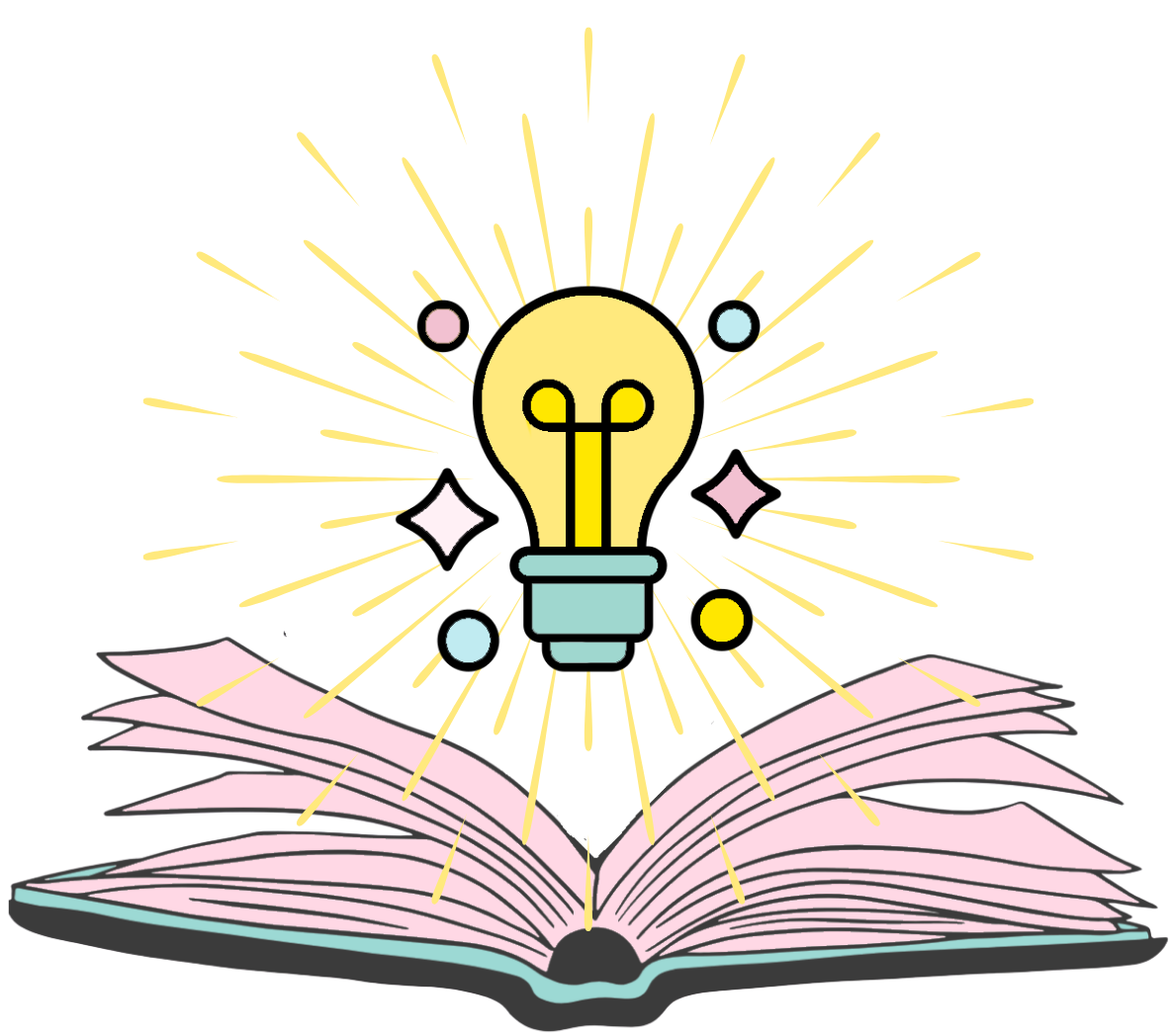 Let's work together on marketing graphics for authors: An open book with pink pages sits below a floating lightbulb with rays bursting out of it and pastel sparkles around it