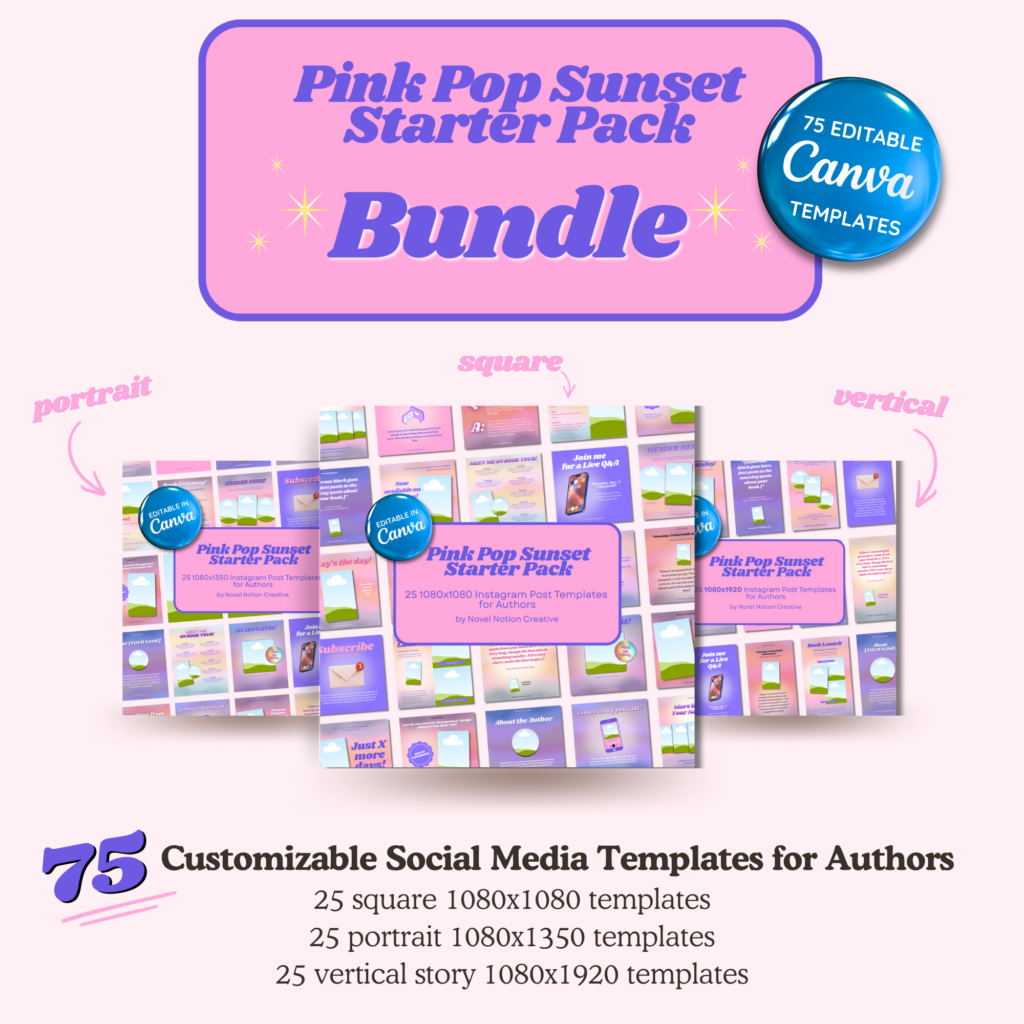 Pink Pop Sunset Starter Pack Bundle, 75 editable Canva templates for authors, in three sizes