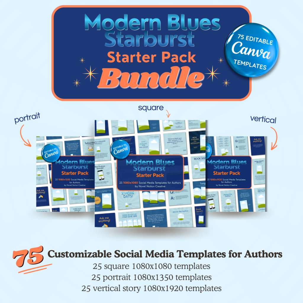Modern Blues Starburst Starter Pack Bundle, 75 editable Canva templates for authors, in three sizes