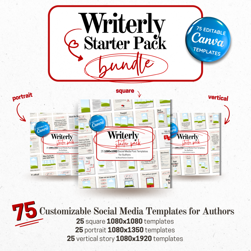Writerly Starter Pack Bundle, 75 editable Canva templates for authors, in three sizes