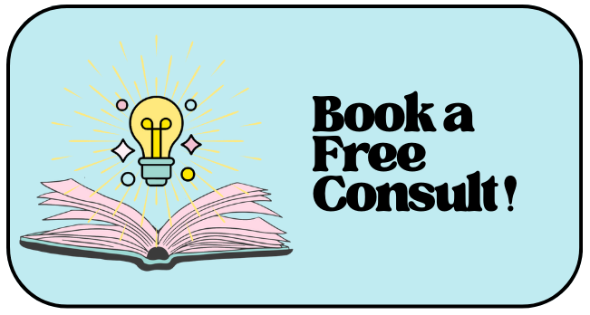 A light blue box with text that says "Book a free consult" also features an image of an open book with a lightbulb hovering above it, with colorful lines and shapes indicating the burst of ideas that comes with our book launch design services
